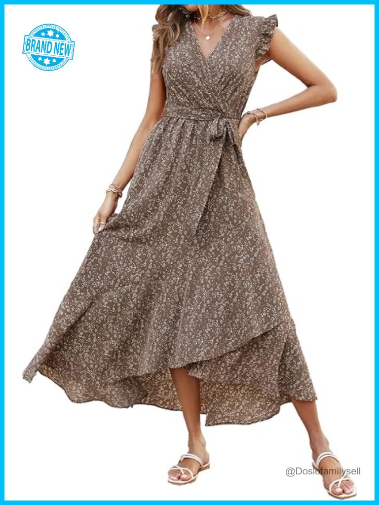Boho Maxi Dress With Floral Print, Wrap V-Neck, Ruffle Cap Sleeve, High Low